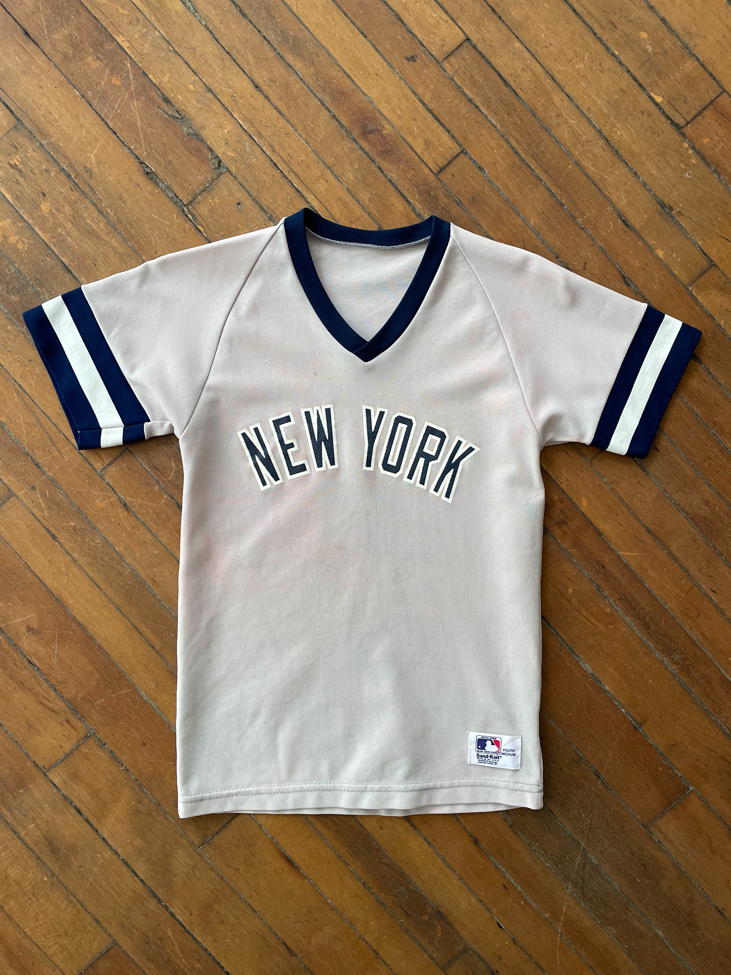 MLB New York NY Yankees Baseball V Neck Jersey T Shirt - Sand Knit