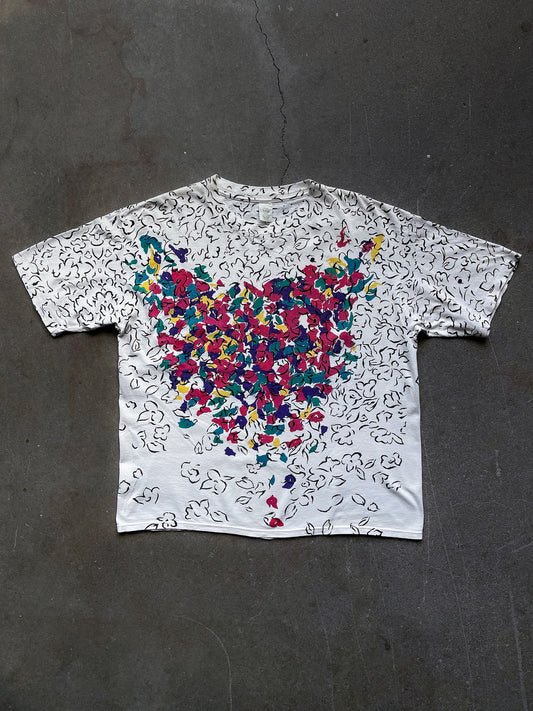 90’s All-Over Block Print Floral T-Shirt—[L]