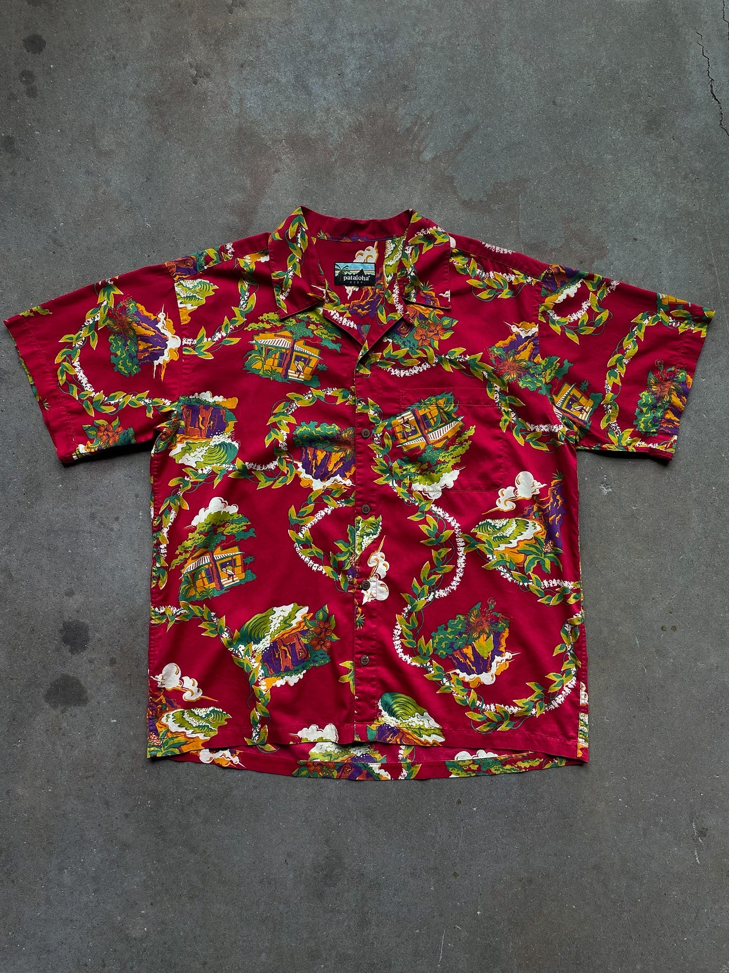 Vintage Pataloha Patagonia Floral Kalo Lei Red Aloha Shirt—[XL]