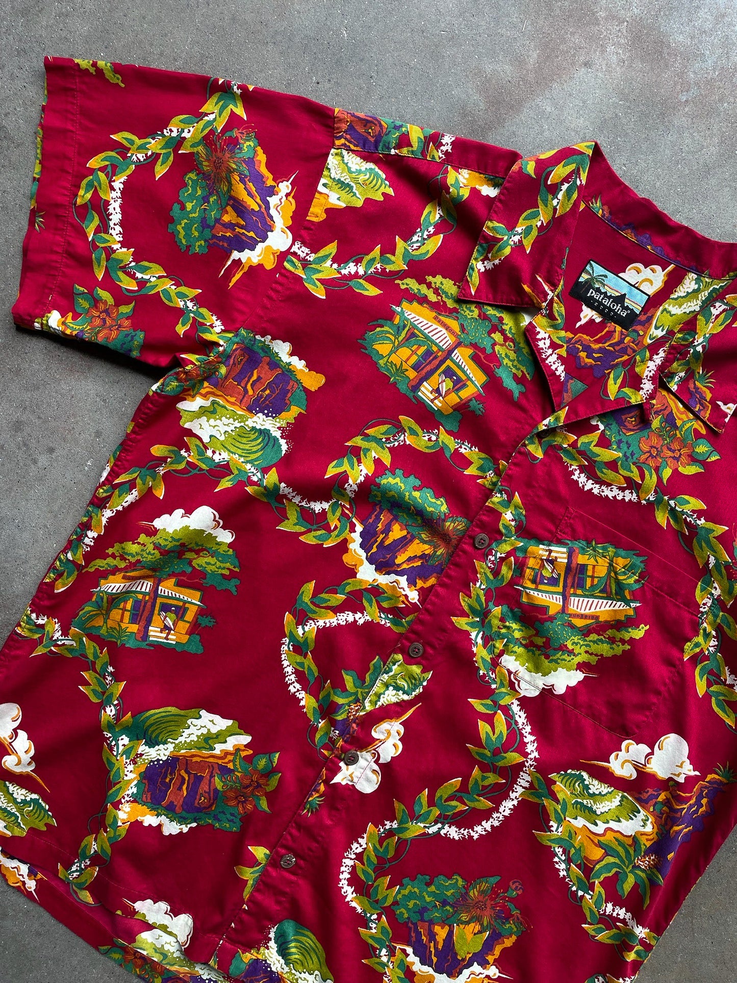 Vintage Pataloha Patagonia Floral Kalo Lei Red Aloha Shirt—[XL]