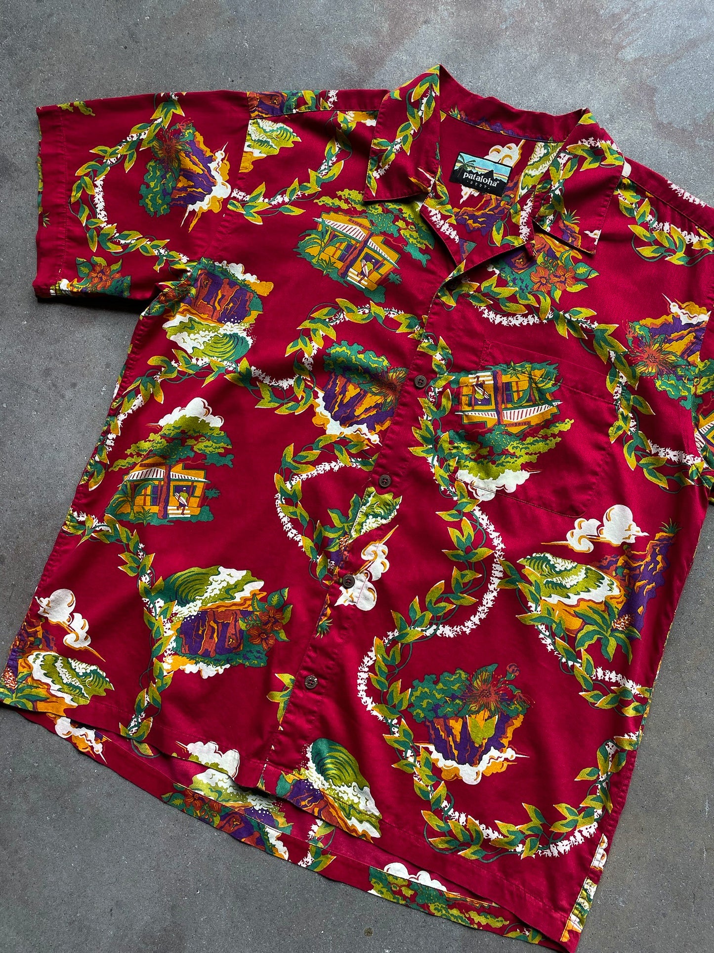 Vintage Pataloha Patagonia Floral Kalo Lei Red Aloha Shirt—[XL]