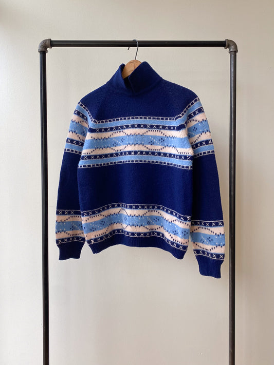 Blue Patterned Collared Wool Sweater—[S]