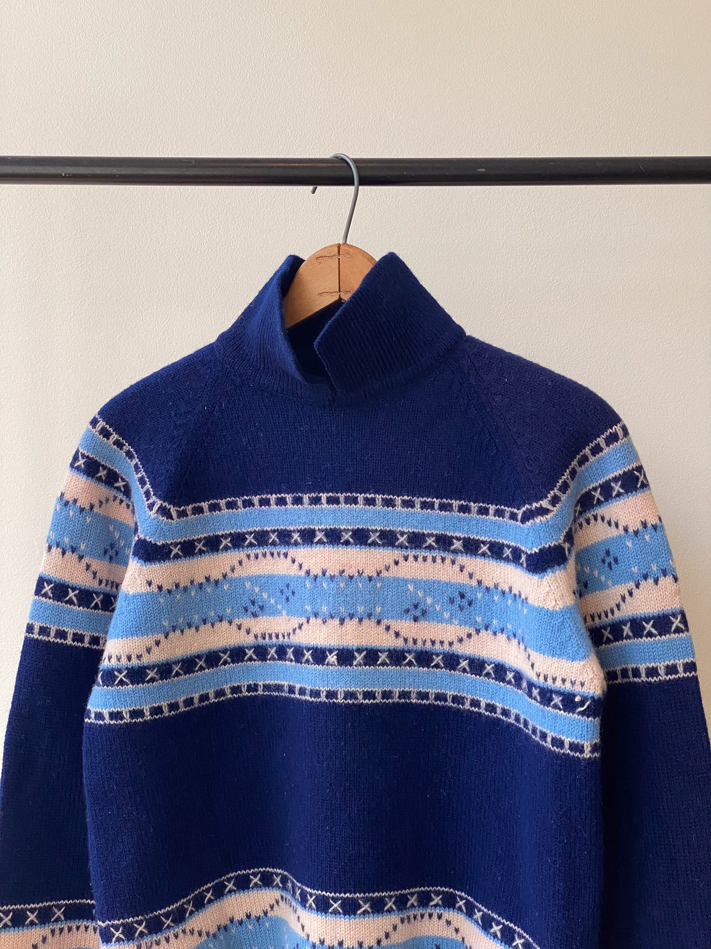 Blue Patterned Collared Wool Sweater—[S]