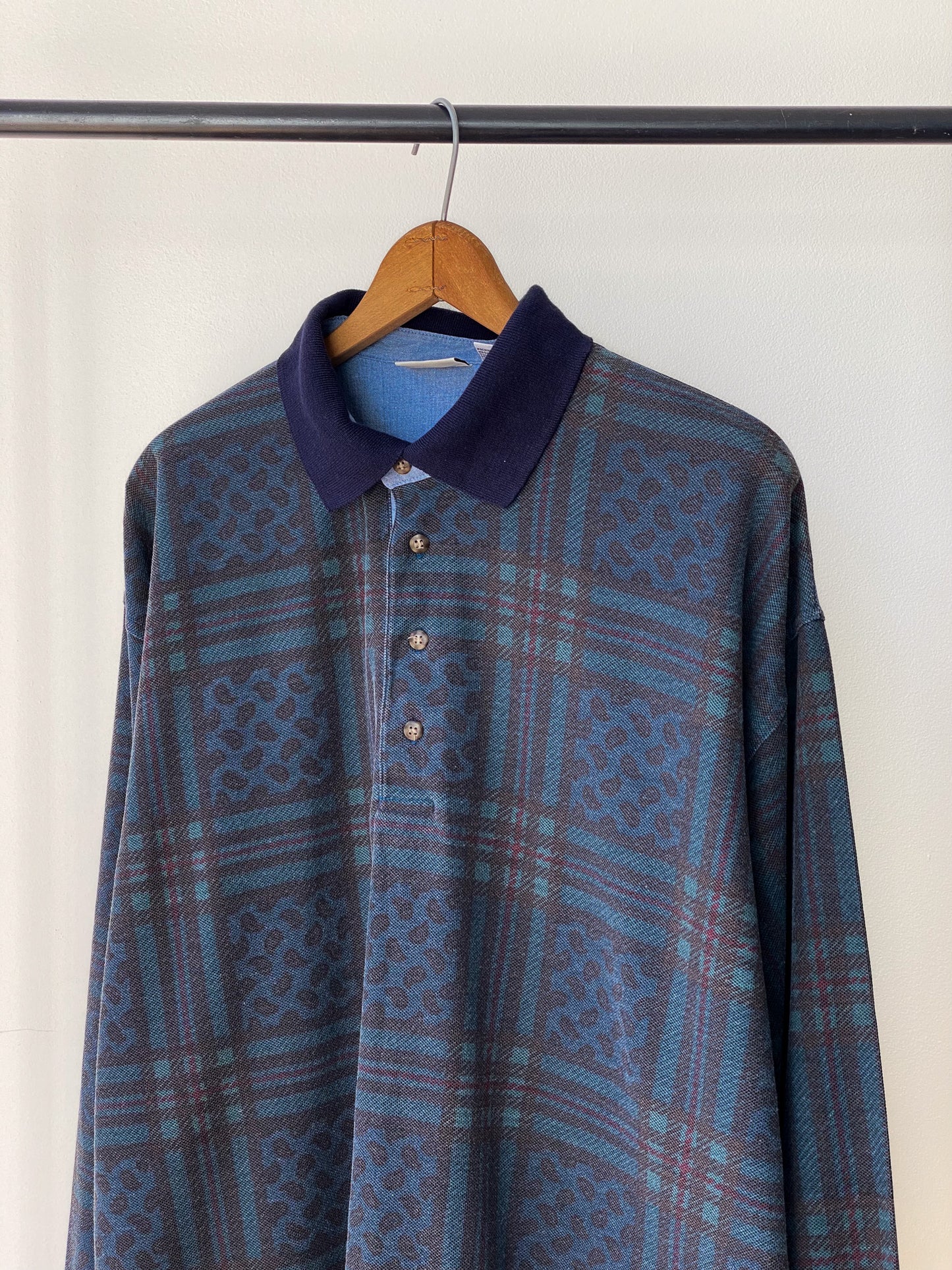 Bugle Boy Paisley Plaid Long Sleeve Polo—[L]