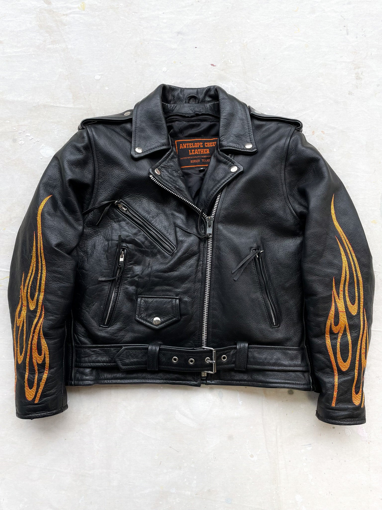 Flame Embroidered Leather Moto Jacket—[S/M] – mahshu