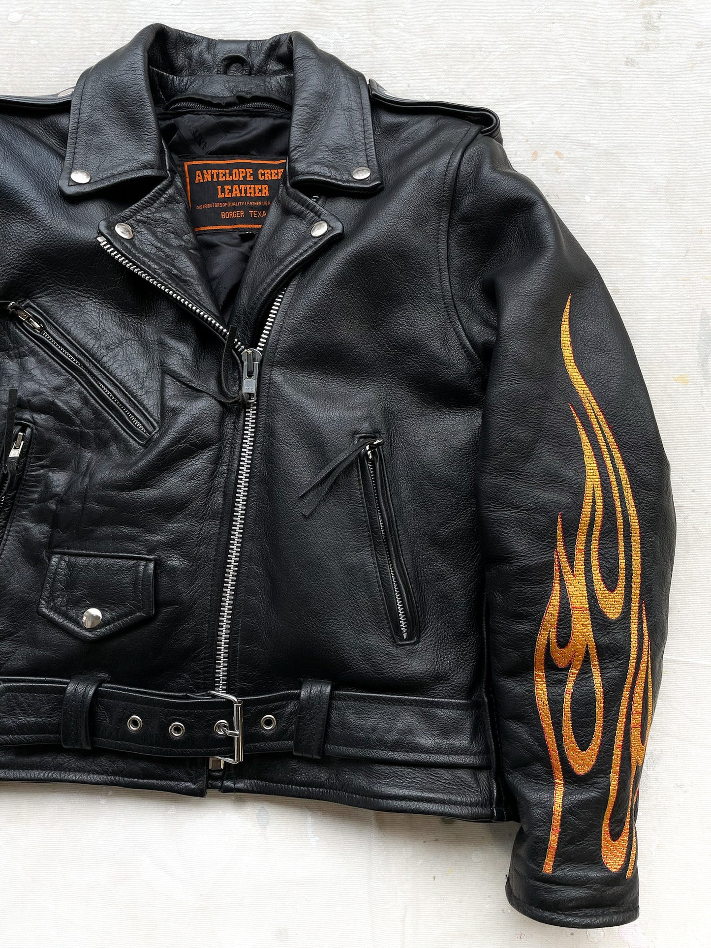 Flame Embroidered Leather Moto Jacket—[S/M]