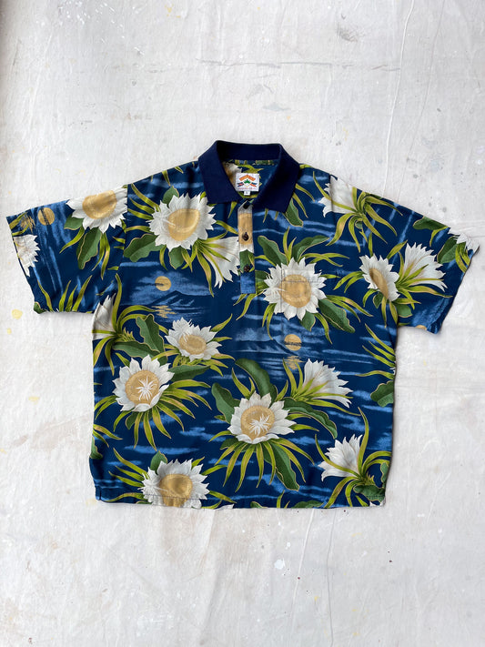 Black Floral Hawaiian Polo Shirt—[L]