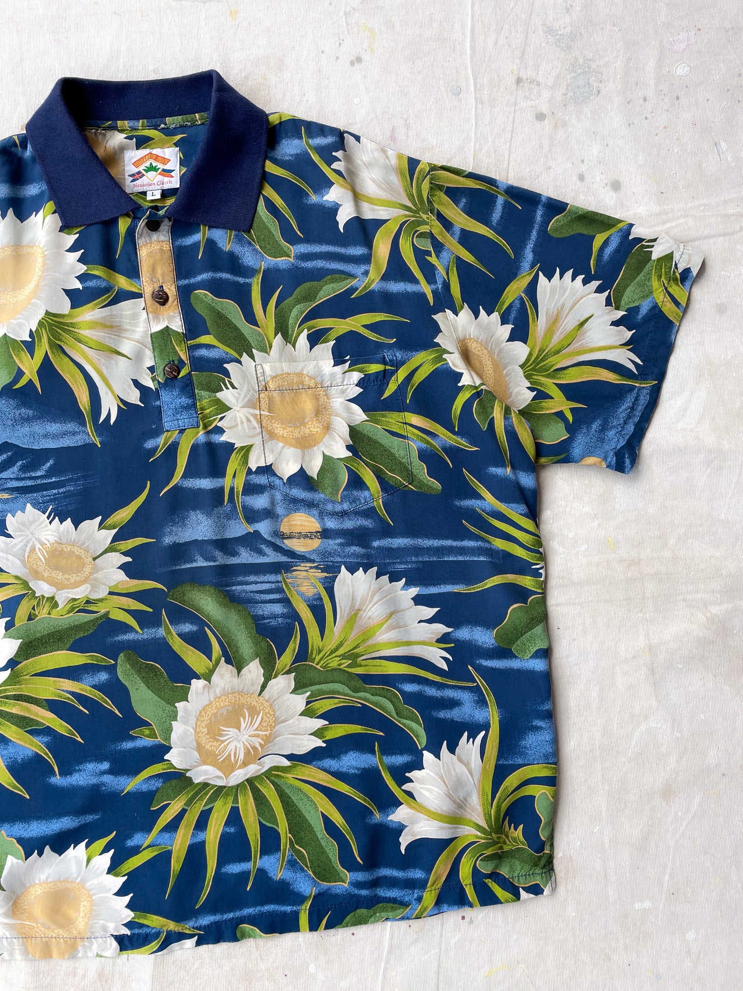 Black Floral Hawaiian Polo Shirt—[L]