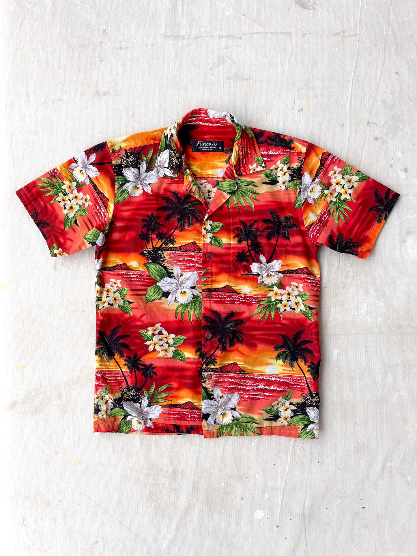 RED PALM HAWAIIAN CAMP SHIRT—[S]