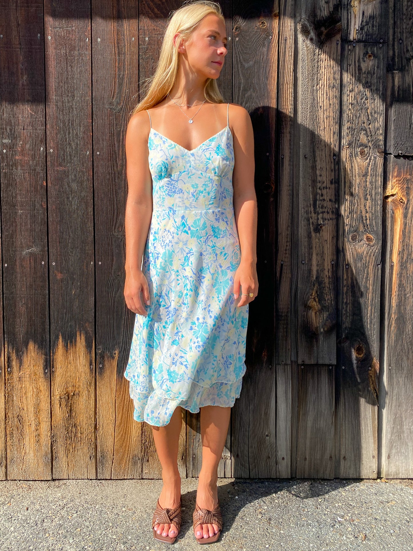 90's Ann Taylor Blue Floral Silk Dress—[M]