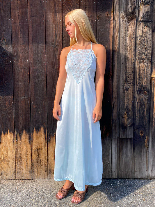 70's Baby Blue Lace Maxi Slip Dress—[M]