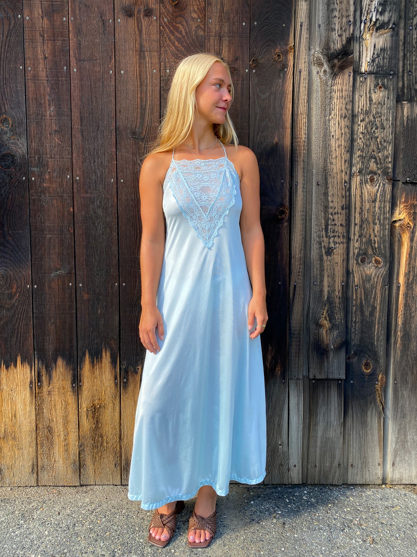 70's Baby Blue Lace Maxi Slip Dress—[M]