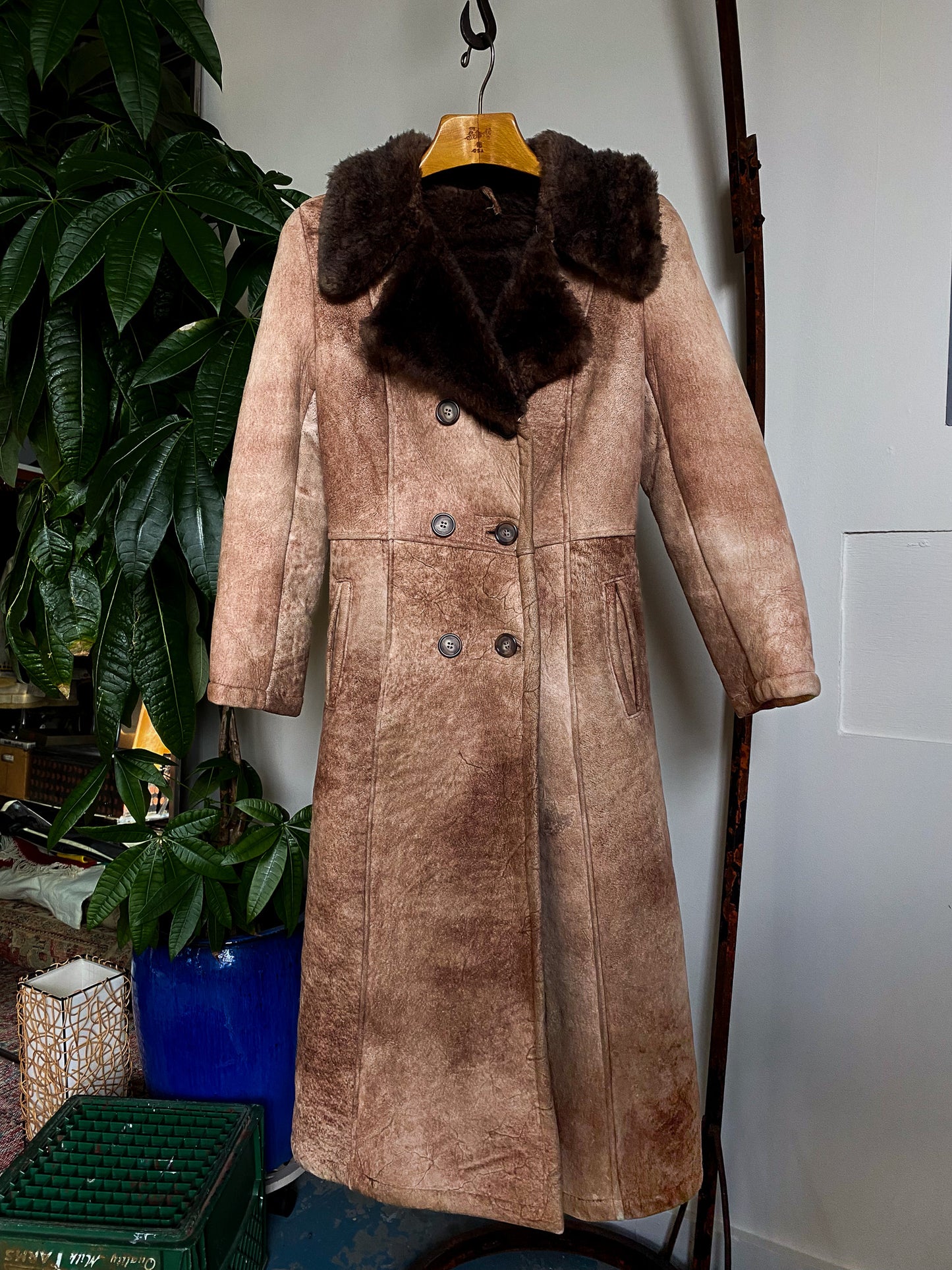 Vintage Suede Leather Shearling Coat—[S]