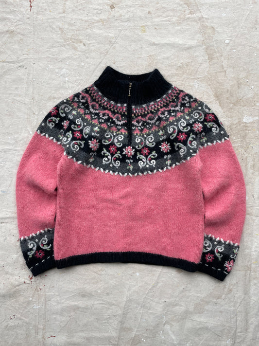 Flower Motif Wool Quarter Zip Sweater—[S]
